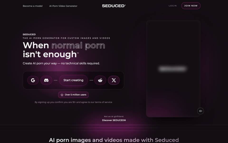 Seduced homepage (blurred)
