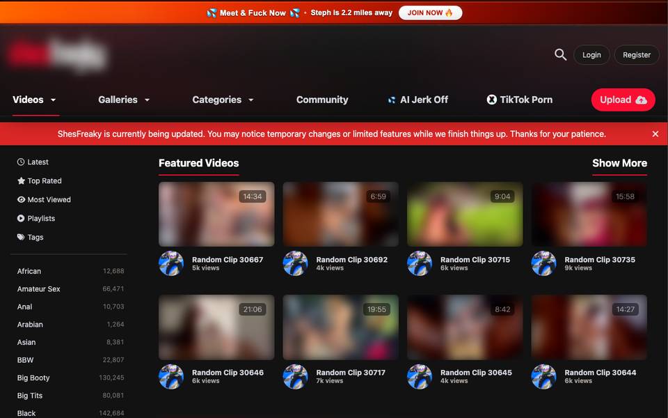 ShesFreaky homepage (blurred)